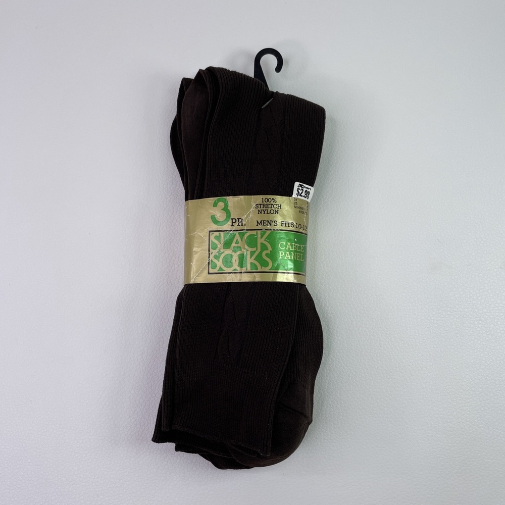 NOS Vintage Kmart BROWN Cable Panel 100% Nylon Slacks Socks Dress Socks USA 3pk